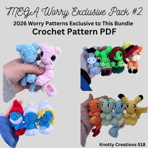 May include: A collection of colorful crochet worry dolls, including blue and pink creatures, Smurfs, and various cartoon characters. The image includes the text "MEGA Worry Exclusive Pack #2" and "Crochet Pattern PDF."