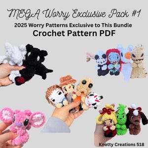 May include: A collection of handmade crochet worry dolls in various colors and designs. The image includes a white and black bat, a pink alien, and several characters from The Nightmare Before Christmas. Text on the image reads "MEGA Worry Exclusive Pack #1".