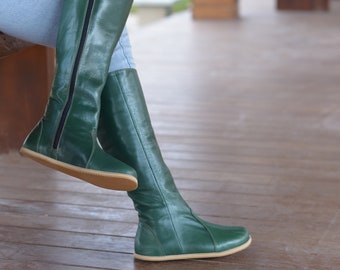 Women Barefoot Long Boots, Zero Drop Handmade Leather Boots, Wide Toe Box With Zipper Boots, Grass Green