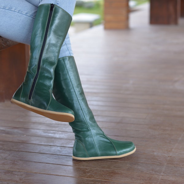 Women Barefoot Long Boots, Zero Drop Handmade Leather Boots, Wide Toe Box With Zipper Boots, Grass Green