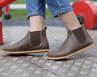 Women Handmade Chelsea Boots, Zero Drop Smooth Leather Boots, WideToe Box Women Barefoot Boots, Charm Brown