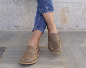Zapatos descalzos de cuero hechos a mano: horma ancha, caída cero, color tierra, visión ahumada