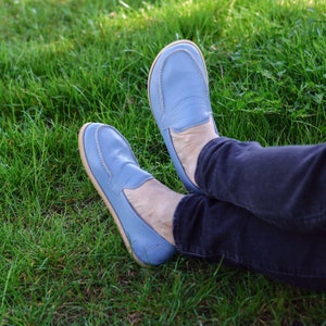 Men Barefoot Shoes, Leather Handmade Summer Shoes, Zero Drop Wide Toe Box Footwear, Sky Blue