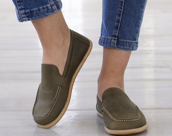 Women Barefoot Shoes, Handmade Leather Shoes, Zero Drop Wider Shoes, Women Moccasin, Minimalist Footwear,  Nature Green