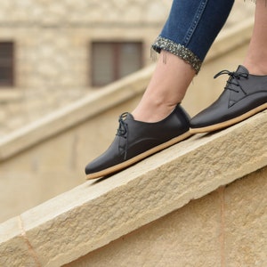 Frauen Barfußschuhe, Zero Drop breitere Schuhe, Hanmade Leder Schnürschuhe, Frauen Oxford Schuhe, Royal Schwarz Bild 4