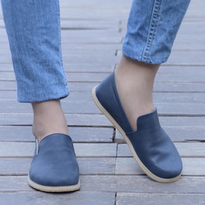 Handmade Leather Barefoot Loafers: Wide Toe Box, Deep Navy Blue
