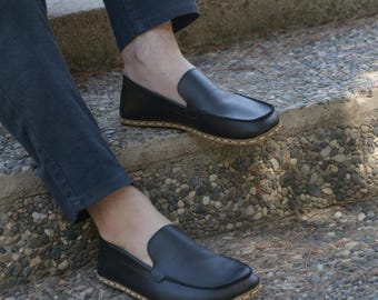 Men Barefoot Loafers - Handmade Leather  Shoes - Copper Riveted Earthing shoe - Wider Grounding shoe, Colors Royal Black