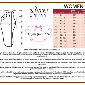 May include: A shoe size chart for women, featuring measurements in US/CA, EU, and centimeters. Includes a foot outline for measurement guidance and text: "Enjoy Your Use" and "Shoes Just For You - Measure For The Perfect Fit."