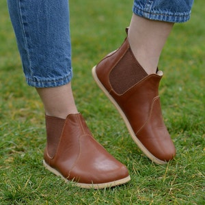 Chelsea-laarzen dames, leren laarzen zero drop, blootsvoetslaarzen dames blote voeten, Hadmade-vrijetijdslaarzen, elegant bruin
