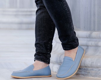 Männer Barfußschuhe, Leder Handgefertigte Sommerschuhe, Zero Drop Wide Toe Box Schuhe, Himmelblau