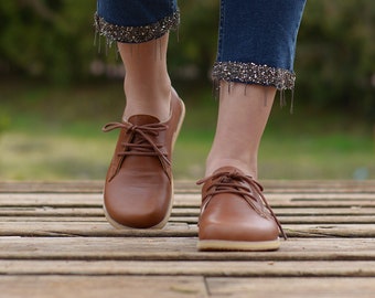 Women Grounding Shoes, Leather Barefoot Shoes, Wide Toe Box, Zero Drop Elegant Brown