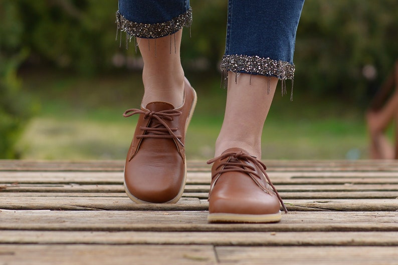 Handmade Women Barefoot Shoes, Oxford Leather Zero Drop Lace-up Wider Shoes, Elegant Brown image 4