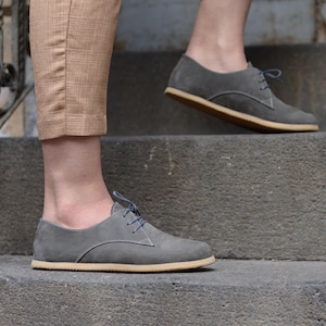 Women&#39;s Barefoot Shoes, Handmade Leather Oxford Shoes, Zero Drop Minimalist Shoes, Wide Toe Box Gray Nubuck