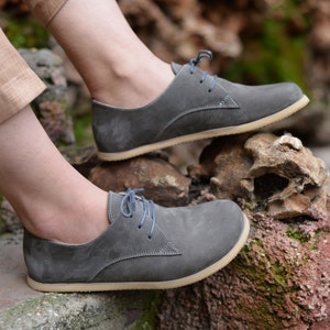 Barefoot  Shoes for Women, Leather Oxford Shoes, Zero Drop Lace-up, Handmade Shoes, Gray Nubuck