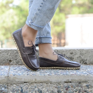 Leather Barefoot Shoes - Women Grounding Shoes - Grounded Earthing Shoes - Zero Drop Wide Toe Box, Amerikano Brown