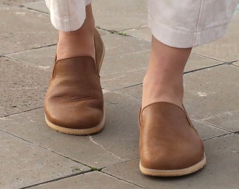 Chaussures pieds nus en cuir pour femmes, chaussures minimalistes faites à la main sans chute, chaussures personnalisées pour femmes, automne marron