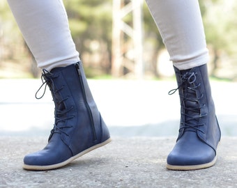 Women Barefoot Winter Boots, Handmade Leather Boots, Zero Drop Wide Toe Box, Boots With Laces And Zipper, Deep Navy Blue