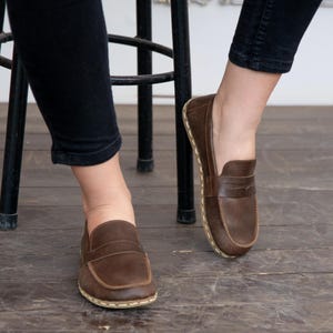 Handmade Women Barefoot Shoes - Zero Drop Wide Toe Box - Natural Leather Minimalist Loafers - Charm Brown - Earthing Grounding Shoes