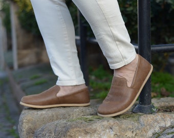 Handgefertigte Lederschuhe nach Maß, Barfußschuhe Herren, Schuhe mit breiter Zehenbox, Herren Loafers Schuhe, Herbstbraun