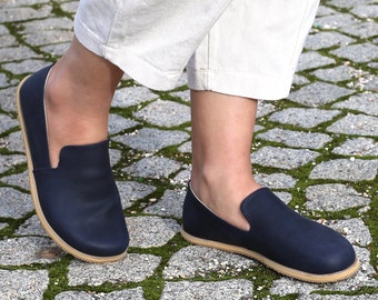 Women Barefoot Shoes, Handmade Leather Shoes, Minimalist Zero Drop Shoes, Wide Toe Box Barefoot Footwear, Deep Navy Blue