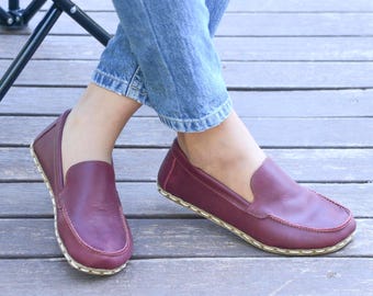 Women Leather Grounding Barefoot Shoes, Wide Toe, Zero Drop - Cherry Burgundy
