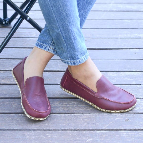 Women Leather Grounding Barefoot Shoes, Wide Toe, Zero Drop - Cherry Burgundy
