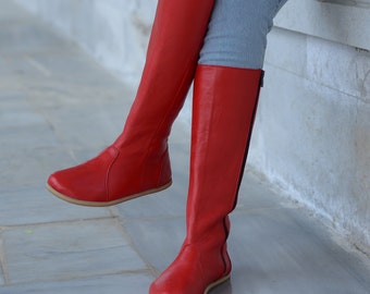 Women Barefoot Long Boots, Zero Drop Handmade Leather Boots, Wide Toe Box With Zipper Boots, Red