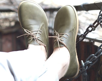 Handmade Leather Oxford Barefoot Shoes - Nature Green Minimalist Shoes
