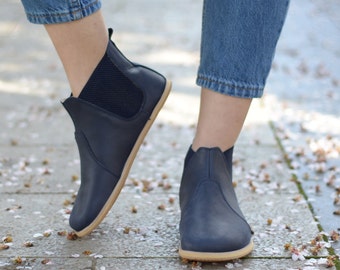Women Leather Chelsea Boots: Wide Toe Barefoot Ankle Boots Deep Navy Blue