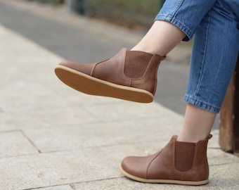 Handmade Leather Chelsea Boots: Women's Barefoot Ankle Boots Earth Brown
