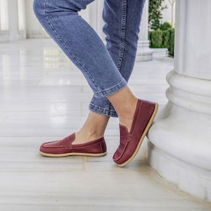 Barefoot Women Shoes, Leather Handmade Shoes, Zero Drop Wide Toe Box Shoes, Minimalist Loafers, Cherry Burgundy