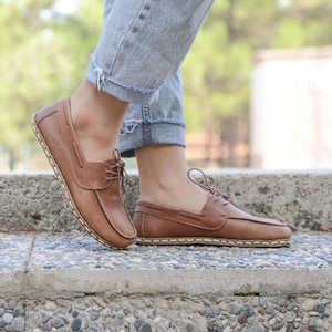 Handmade Leather Barefoot Shoes: Women&#39;s Grounding Shoes with Copper Rivet  Earth Brow