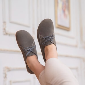 Gray Nubuck Leather Barefoot Shoes: Handmade Grounding Shoes
