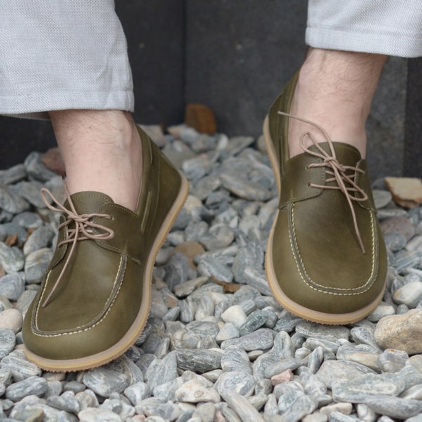 Barefoot Shoes men , Minimalist  Handmade Shoes, Leather  Wide Toe Box Footwear, Custom Men Loafers Shoes, Nature Green