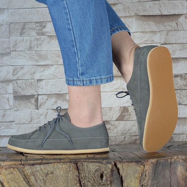 Women Barefoot Shoes, Zero Drop Wider Shoes, Hanmade Leather lace up, Women Oxford Shoes, Gray Nubuck