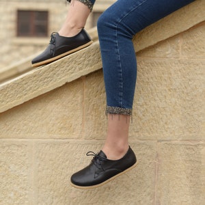 Frauen Barfußschuhe, Zero Drop breitere Schuhe, Hanmade Leder Schnürschuhe, Frauen Oxford Schuhe, Royal Schwarz Bild 3