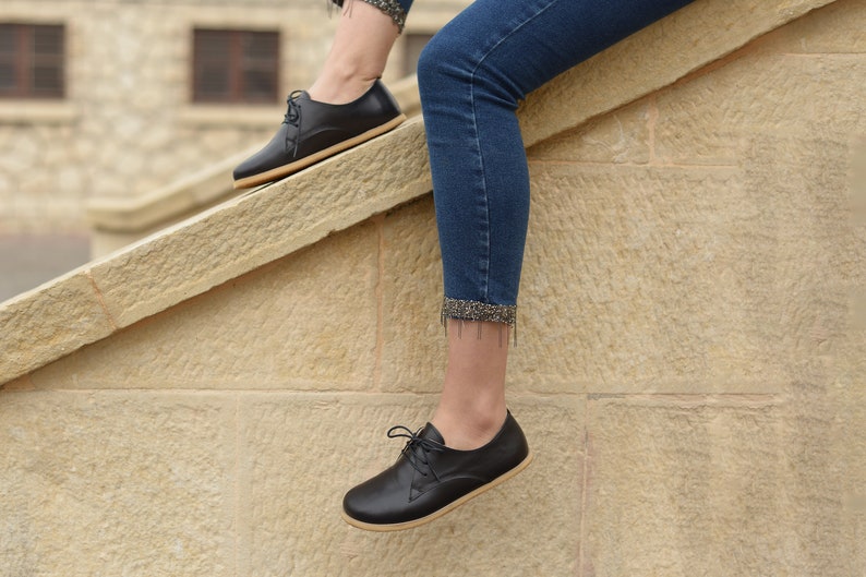 Frauen Barfußschuhe, Zero Drop breitere Schuhe, Hanmade Leder Schnürschuhe, Frauen Oxford Schuhe, Royal Schwarz Bild 3