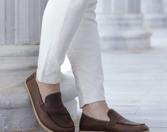 Chaussures pieds nus en cuir faites main : chaussures minimalistes Zero Drop pour hommes, breloque marron