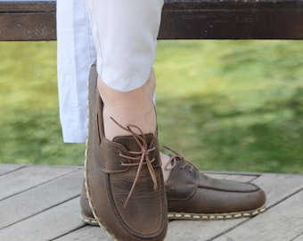 Men Barefoot Grounding Shoes, Wide Leather Loafers, Zero Drop Handmade Earthing Shoes, ,Color Charm Brown
