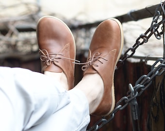 Men Leather Barefoot Shoes - Copper Riveted Grounding Shoes, Colors Earth Brown