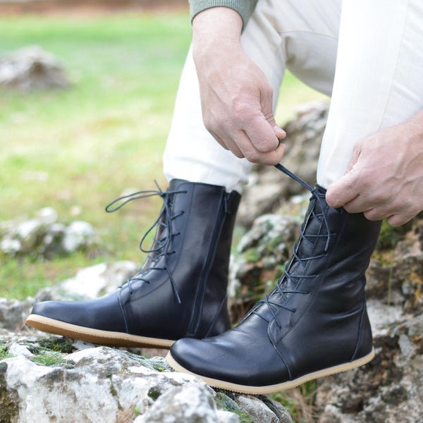 Men Barefoot Boots, Handmade Winter Boots, Men Leather Boots,  İnside And Out Zero Drop Wider Boots, Customisable Boot, Royal Black