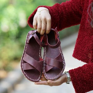Burgundy Leather Barefoot Sandals: Wide Toe Box, Grounding Shoes