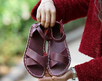 Burgundy Leather Barefoot Sandals: Wide Toe Box, Grounding Shoes