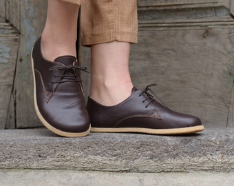 Leather Minimalist Women Barefoot Shoes, Handmade Leather Lace-Up, Wide Toe Shoes, Woman Oxford Shoes, Amerikano Brown