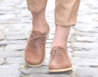 Zapatos descalzos de cuero hechos a mano: puntera ancha, caída cero - Marrón tierra