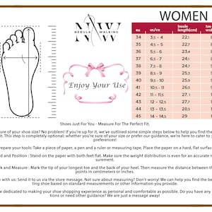 Puede incluir: Una tabla de tallas para zapatos de mujer con un gr&aacute;fico de un pie y medidas en US, EU y cent&iacute;metros. La tabla muestra la longitud de la plantilla y el ancho de la caja de los dedos para cada talla.