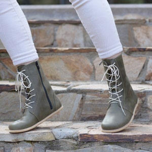 Skórzane damskie boso buty, ręcznie robione zimowe długie buty, zero drop skóra wewnątrz i na zewnątrz, ze sznurowadłami i zamkiem błyskawicznym, natura zielony
