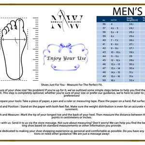 May include: A chart showing men's shoe sizes in US and European sizes, along with insole length and toe box width measurements in centimeters. The chart is titled "Men's" and includes the text "Enjoy Your Use".