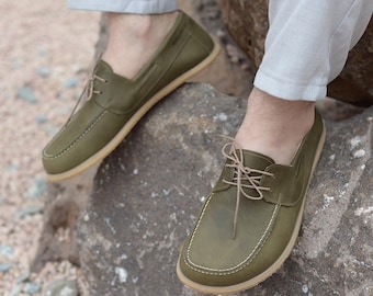 Handmade Leather Men's Barefoot Loafers: Wide Toe, Nature Green
