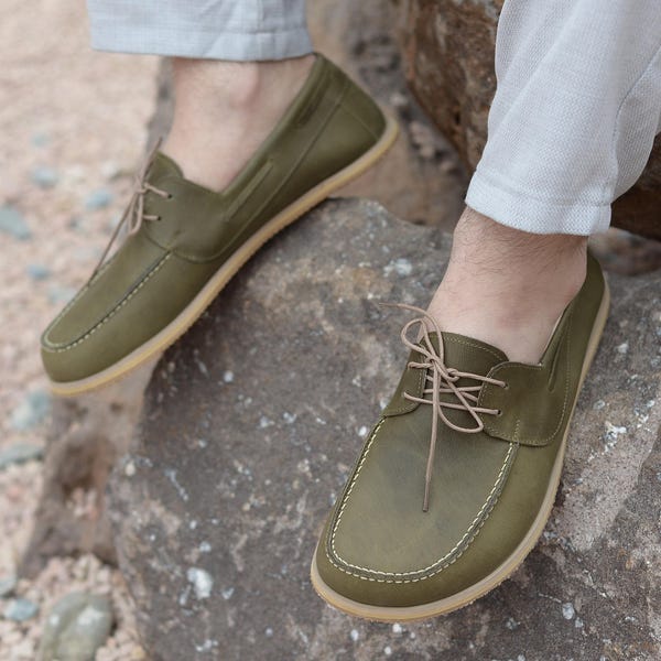 Handmade Leather Men's Barefoot Loafers: Wide Toe, Nature Green